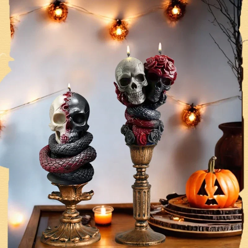 Zackoo Halloween Skull Scented Candle Mold Skull Snake Rose Shape Flower Silicone Molds for Candles Soap Cakes Party Home Decor