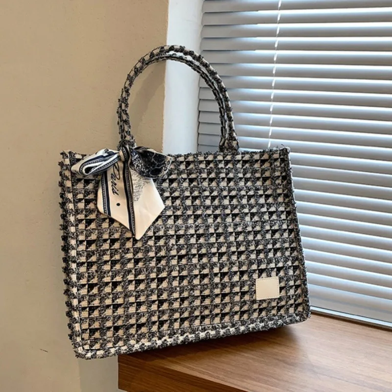 Large Square Plaid Canvas Tote Bag for Women