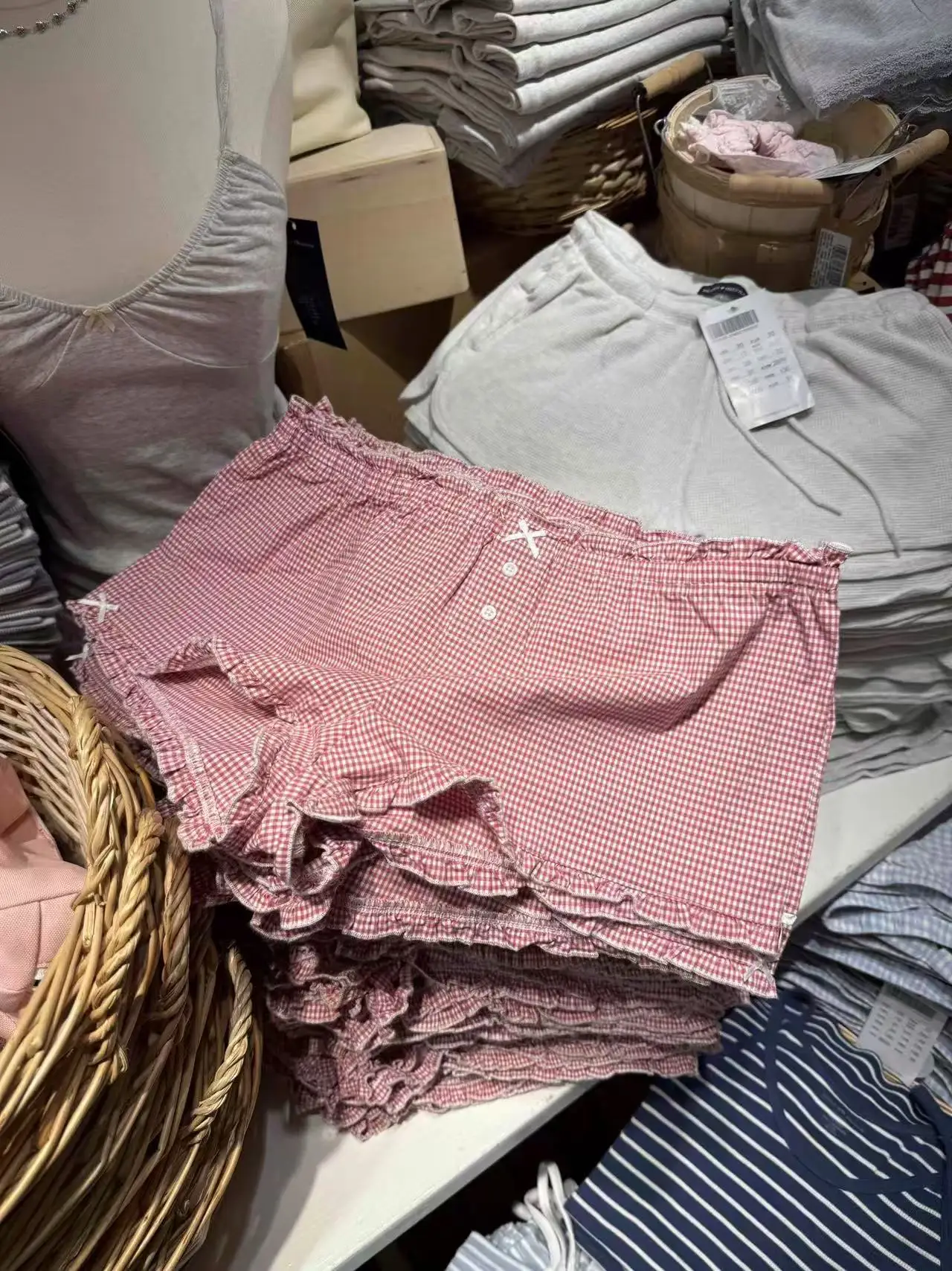 핑크 플래드 러플 반바지 여성 여름 투버튼 보우 밴딩 슬림 숏 팬츠 프레피 스타일 스윗 캐주얼 홈 박서 반바지