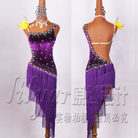 New Latin  Competition  Performance Adult Purple Diagonal Shoulder Velvet Tassel Dance Dress