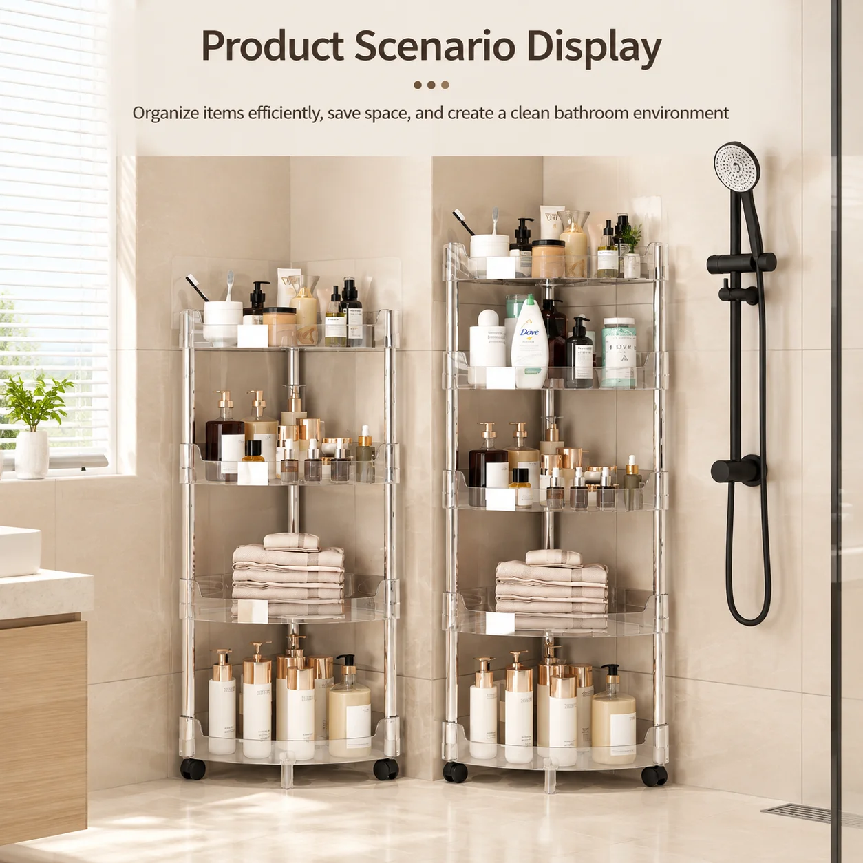 1/5 Layer Triangular Corner Transparent Corner Shelf for Bathroom/Kitchen Freestanding Multi-Tier Storage Unit for Tight Spaces
