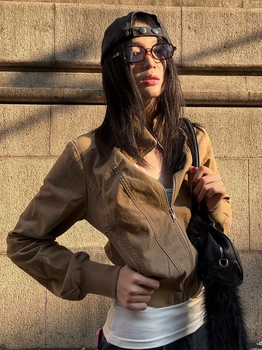 

Vintage Khaki Cropped Jacket Tops Women Autumn Zipper Stand Collar Long Sleeve Coat Vintage Streetwear Cotton Outerwear Y2k