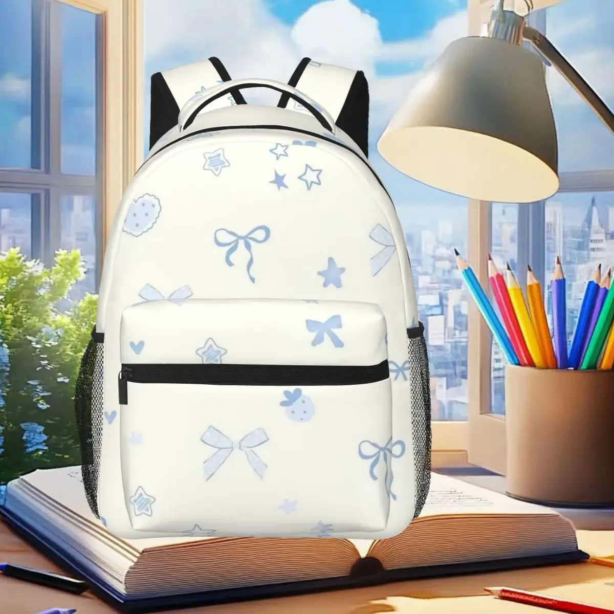 

Blue Bows On A White Backdrop Backpack Student Boys Girls BookBag Children School Bag Computer Shoulder Bags for Men Women