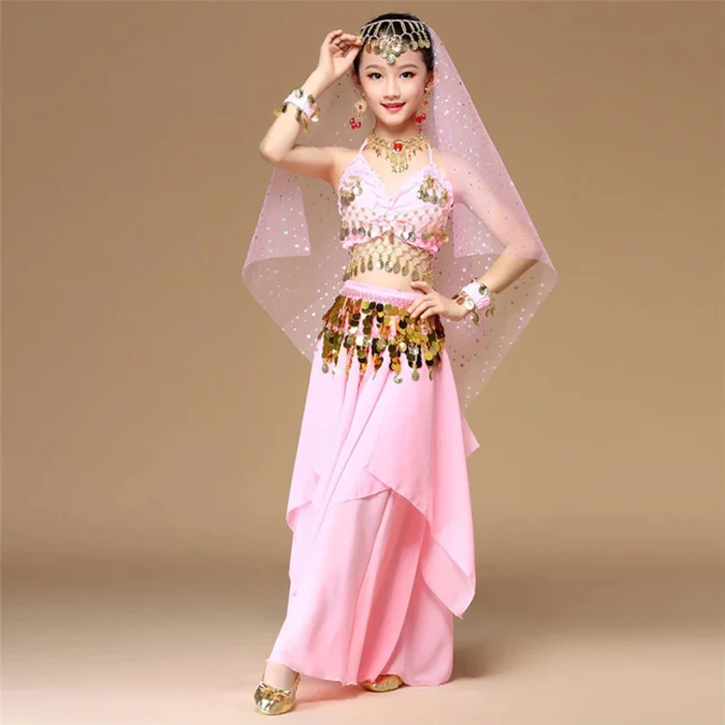 ใหม่ 2025 5 ชิ้น/เซ็ตสีชมพูสไตล์เด็กเครื่องแต่งกาย Oriental เครื่องแต่งกาย Belly Dancer เสื้อผ้าเต้นรําอินเดียราคา RER12 RQR12