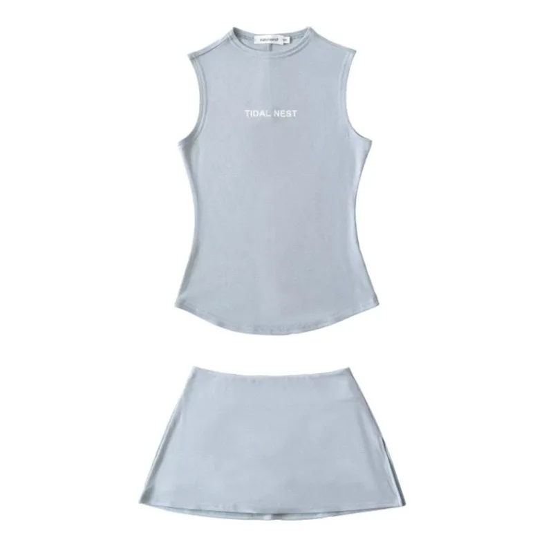 New Letter Printed Round Neck Slim Fit Sleeveless Vest Split Bottom Shorts Skirt Sets Fitness Sports Casual Suit for Women Daily view 6