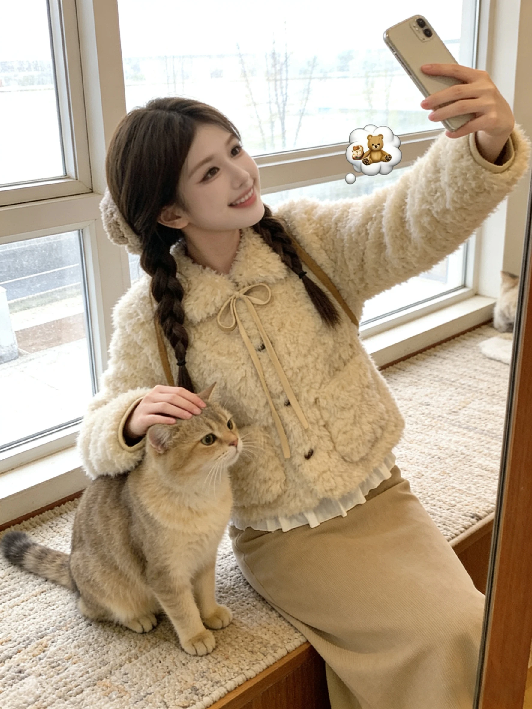 

American Sle Retro Leather And Fur Inteated ort Jaet Women Thi Autumn Winter High Sensation Beautiful Lamb Velvet C...