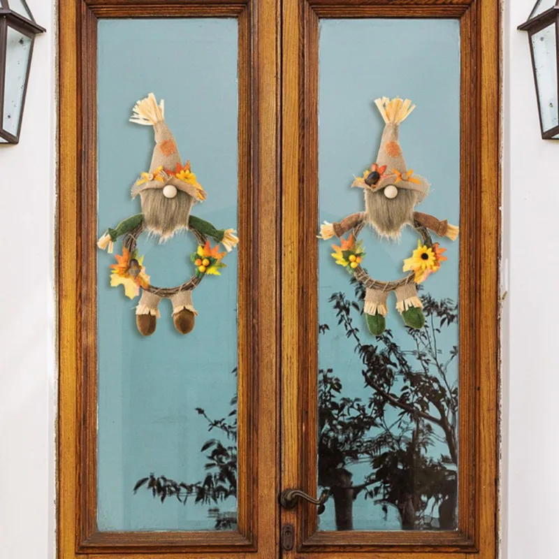 Couronne d'Automne Artificielle pour Porte d'Entrée, Gnome en Peluche, Feuilles d'Érable de Tournesol, Récolte Faite à la Main pour Décor de Thanksgivings