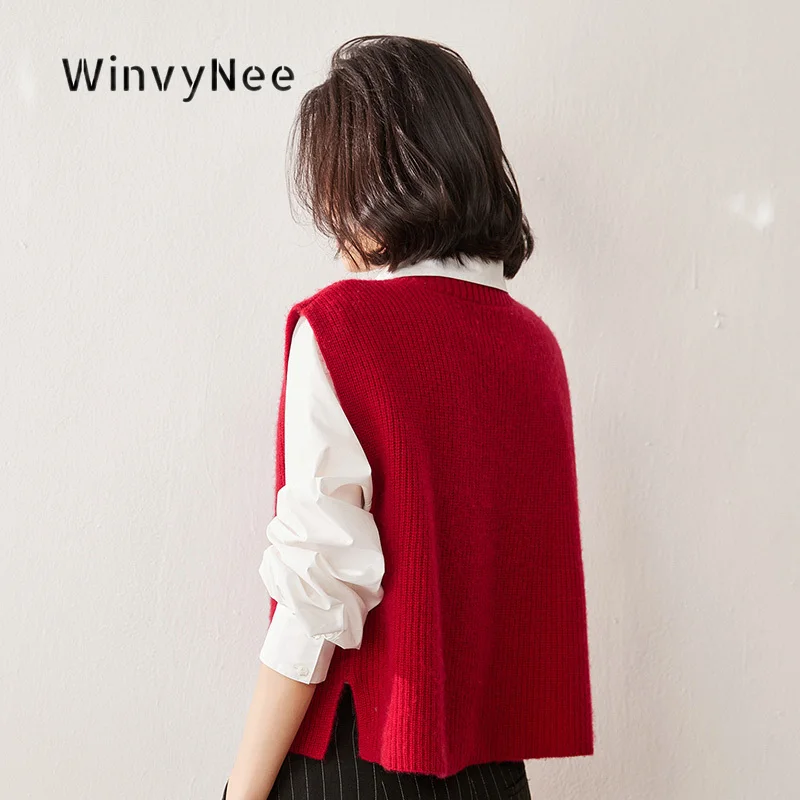 WinvyNee Women Cashmere V Neck Sleeveless Vest Rib Split Hem Retro Style Daily Match Soft Knitwear Urban Basic Layering C1044063