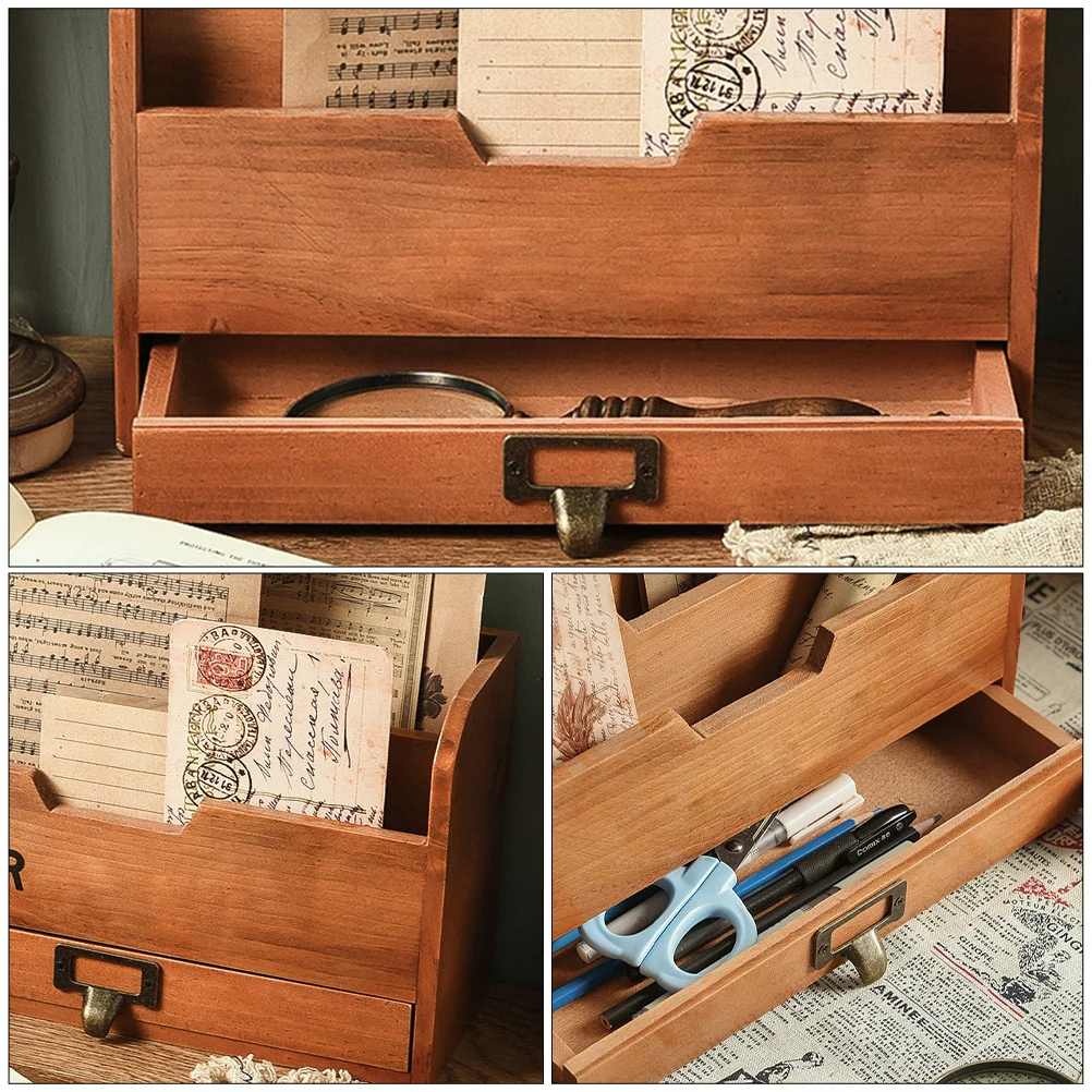 1pc Wooden Storage Rack Chocolate Desktop Organizing Stand Bookshelf Home Office Dorm Decorative Document Holder Sundries