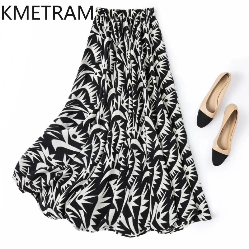 KMETRAM 100% Natural Mulberry Silk Women's Skirts Geometric Print Long Skirts Premium Summer Skirt Woman Clothing 2026 cutecore