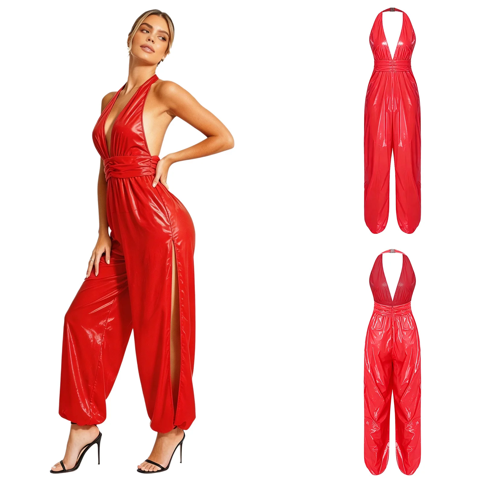 Women Water Resistant Jumpsuit Halter Backless Ruche Waist Side Split Full Bodysuit ClubPole Dancewear Carnival Party Beachwear