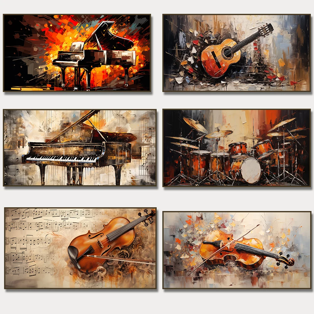 Abstract Violin Piano Drums Cello Guitar Canvas Painting Print Retro Music Poster for Living Room Home Decor Cuadros