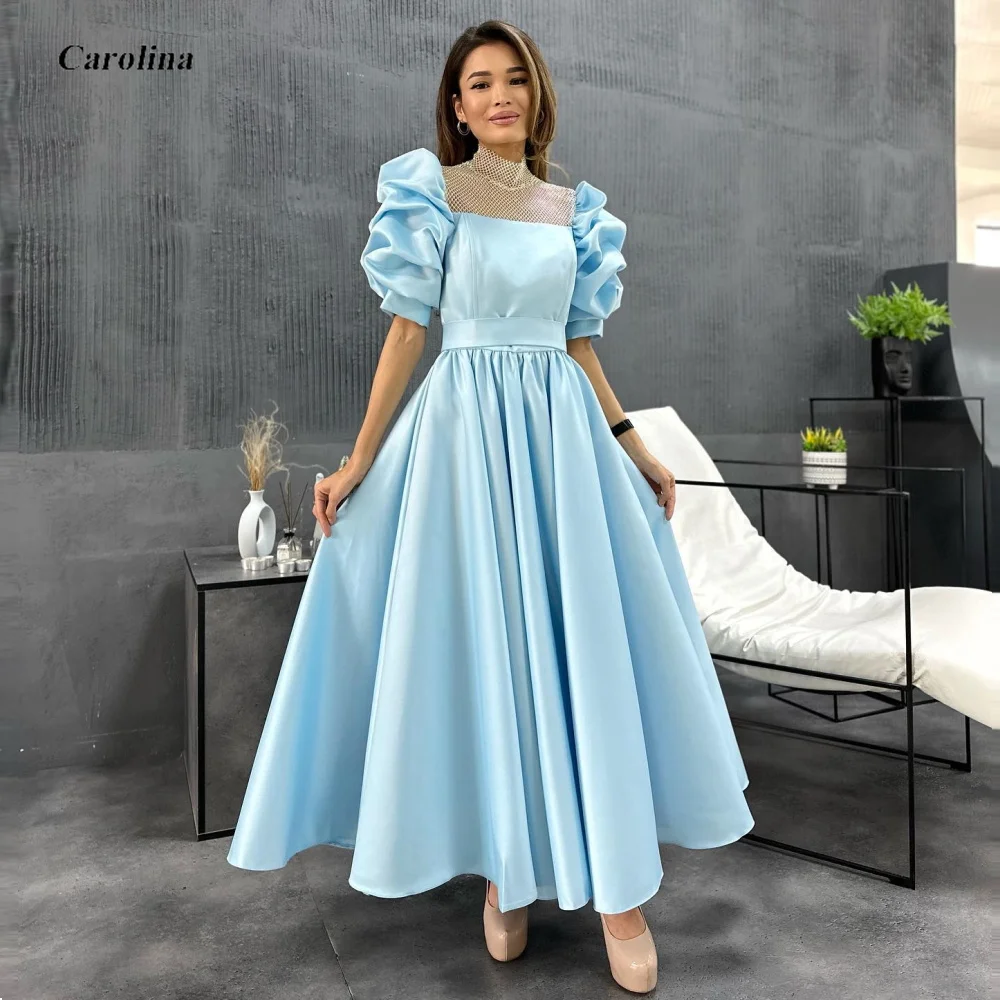 

A-Line High Neck Prom Gown Ankle Length Satin Blue Occasion Dress Robe De Soirée Women Ruched Half Sleeves Evening Party Dress