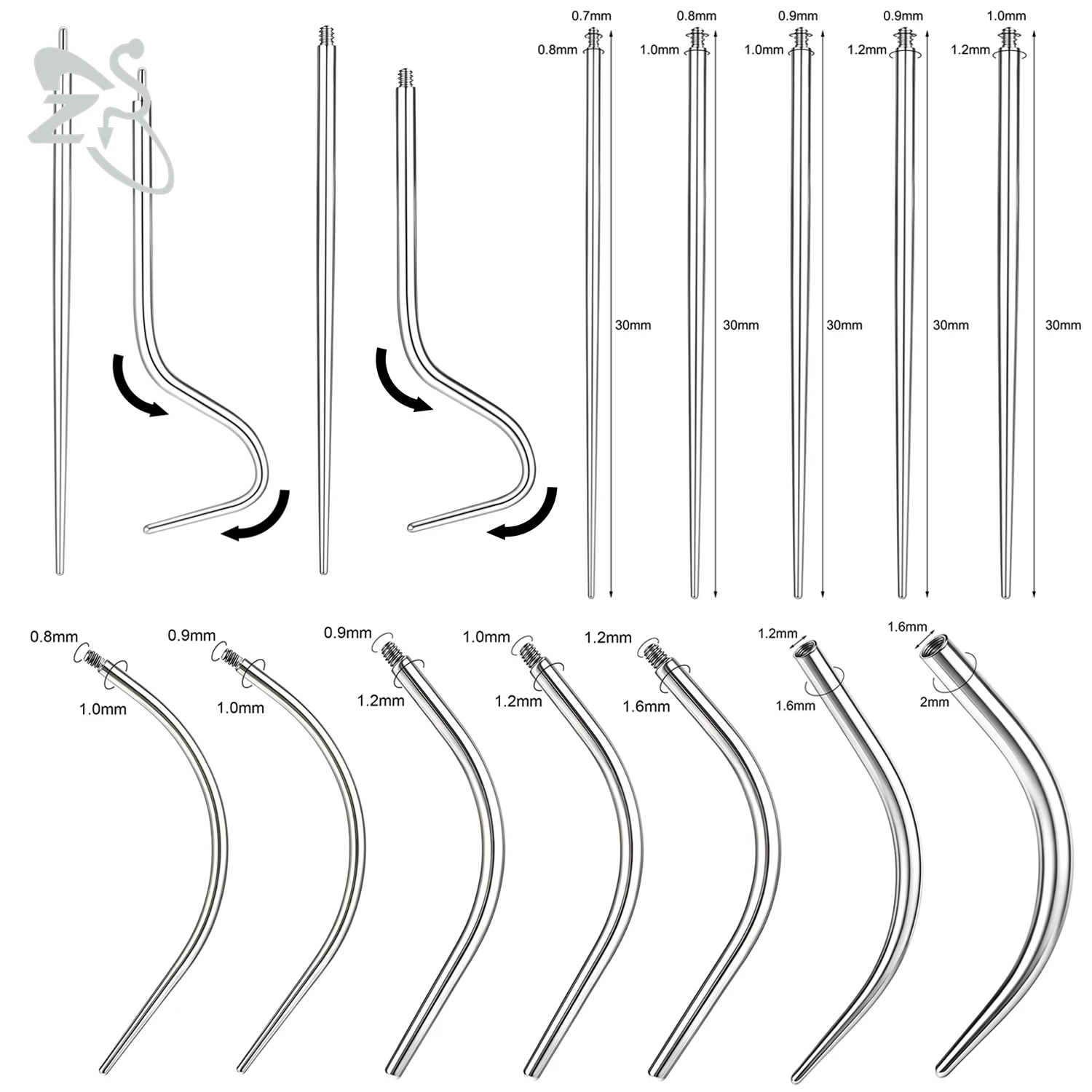 ZS 1 PC 14G-22G Stainless Steel Perforated Guide Rod Curved Puncture Connecting Pin Internal Thread Professional Piercing Tools