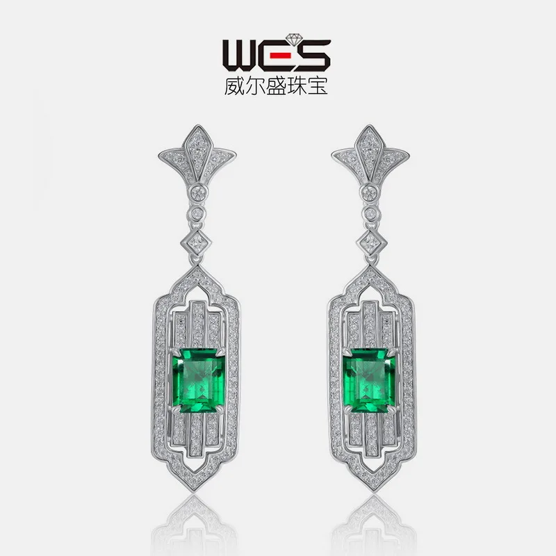 18K Gold Inlaid with Colored Baby Stones PT950 Platinum Cultured Emerald Earrings for Women with Gemstone Earrings