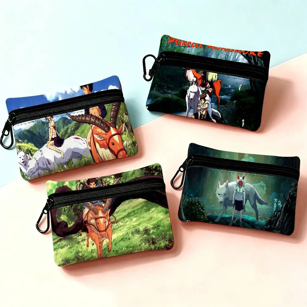 Anime P-Princess M-Mononoke Portable Oxford Fabric Mini Wallet Carabiner Design Small Coin Bag For Cards Keys Earphones