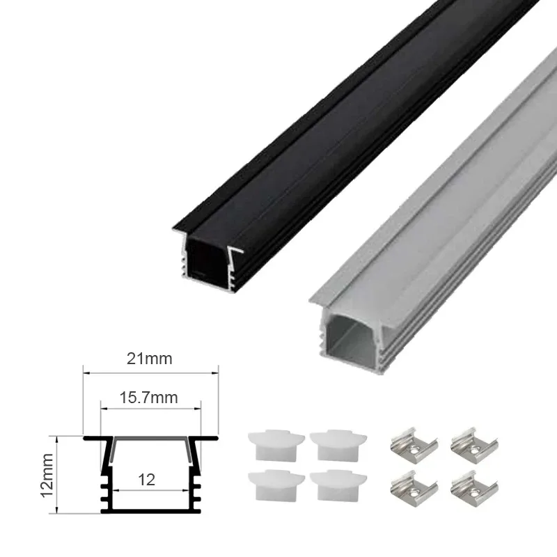 21x12mm LED Strip Light Aluminium Profile Channel Silver Black Diffuser PC Cover for 8mm/10mm Bar Cabinet Linear Lamp Decor