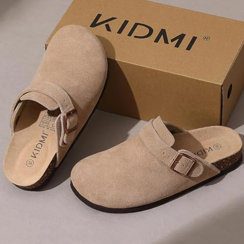 Litfun Women's Leather Clog Sandals With Cork Insole And Adjustable Buckle, Comfortable Outdoor Fashion Mules_voghion.com