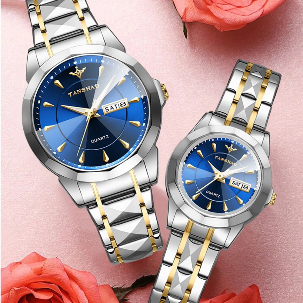 TANSHAO Relojes de pareja Reloj de pulsera de cuarzo original de moda elegante para amantes Resistente al agua Fecha luminosa Regalo de aniversario