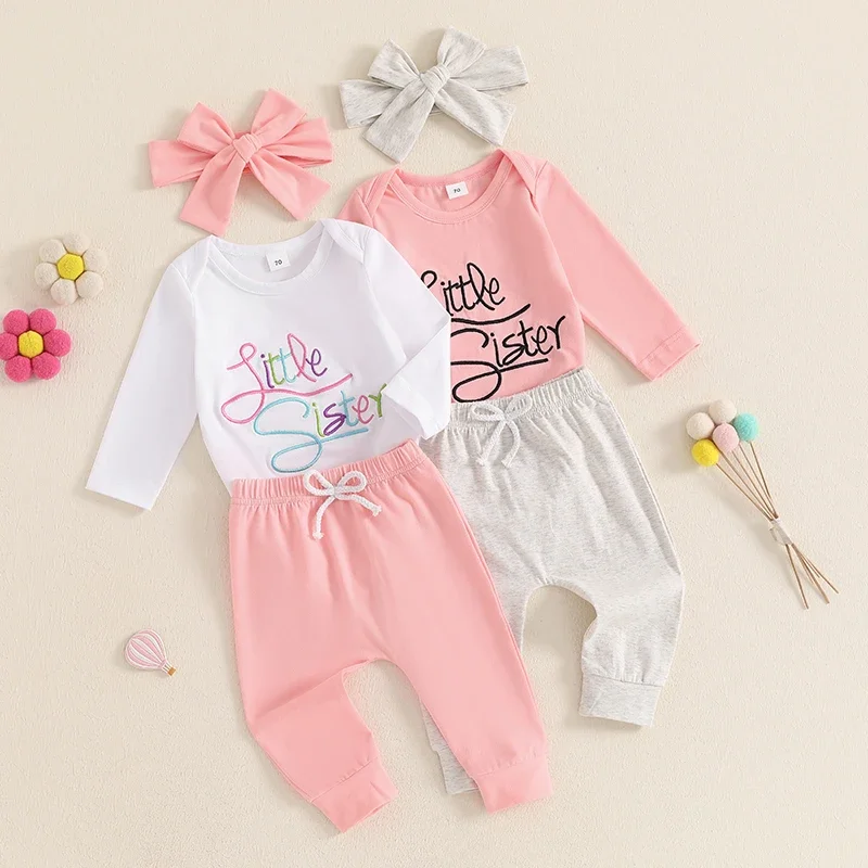 

2024-07-01 Lioraitiin Baby Girls Outfit Letter Embroidery Long Sleeves Romper and Elastic Pants Headband Set Cute Clothes