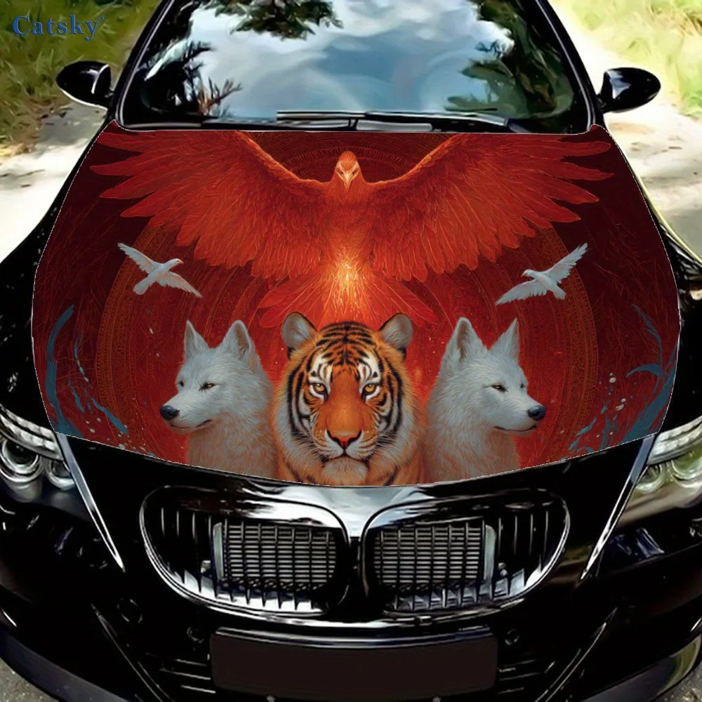 

Свирепый тигр, верные волки и наклейка на капот автомобиля с пылающими фениксами, персонализированная и модная наклейка для авто, самоклеящаяся наклейка Waterp