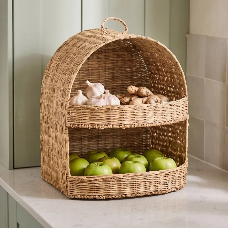 Multi Layer Rattan Fruit Basket Kitchen Storage Rack Desktop Vegetable Organizer Home Decor Woven Shelf Stand for Countertop