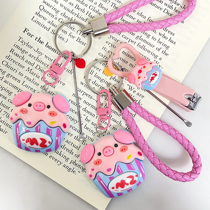 Cartoon Piggy Keychain With Nail Clippers Ear Pick Creative Little Pig Keychain Bag Pendant Car Key Accessories Couple Gifts