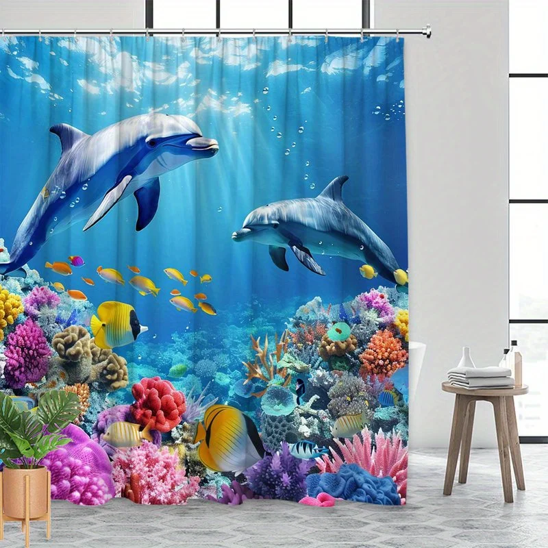 Dolphins Coral Reef Shower Curtain Gray Dolphins Colorful Fish Sunny Ocean Polyester Washable with 12 Hooks for Bathroom Decor