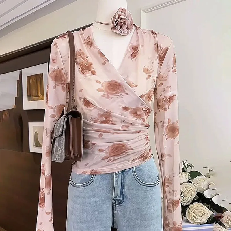 Women Clothing Fashion Casual V-Neck Chiffon Top Spring Summer Elegant Long Sleeve Blouse Office Lady High Strecth Slim Shirt