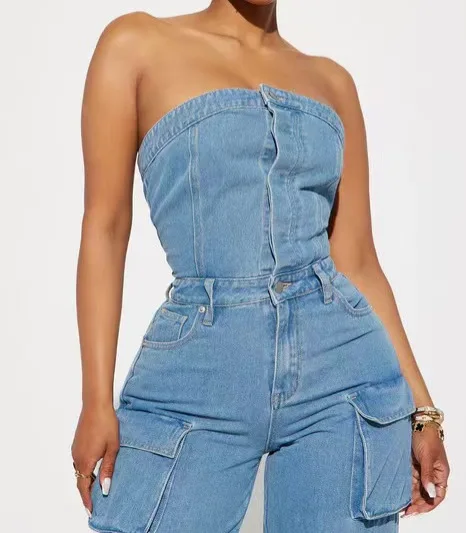 Imagem -03 - Calça de Perna Larga Longa sem Alças Feminina Jeans sem Mangas sem Alças Doce Estilo Palhaço Jovem Sólido Designer de Luxo Novo 2023