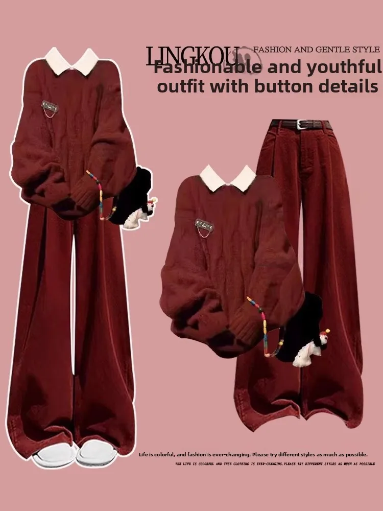 

Красный вязаный свитер, базовая рубашка, повседневные брюки, женский комплект для создания рождественской атмосферы, большие размеры, осенне-зимний модный комплект с высокой талией, длинные брюки