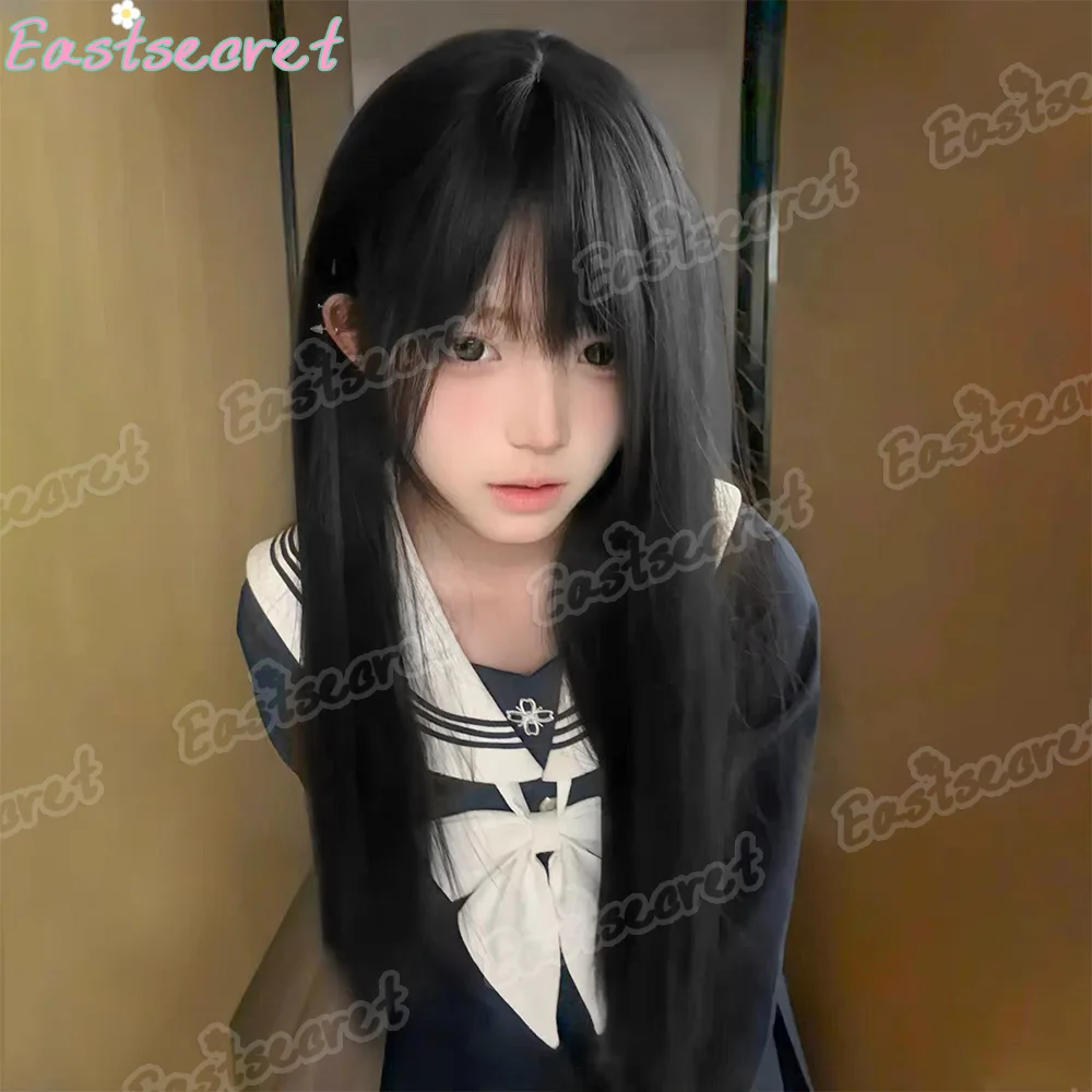 

EAST Cosplay Hair Extensions Synthetic Wigs Natural Breathable Head Cover Black Long Straight Wig Hat for Women