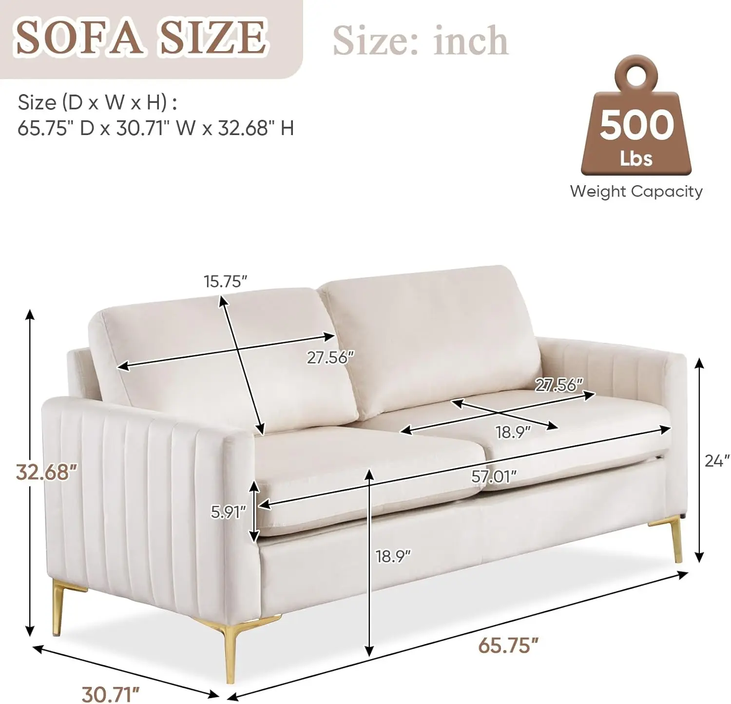 Velvet double sofa, ， 65 "W soft pack channel plush comfortable 2-person sofa with metal legs (beige) image 2