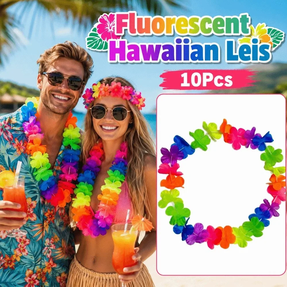 10Pcs Colorful Fluorescent Hawaiian Leis Reusable Portable Tropical Theme Leis Vibrant Photo Props Hawaii Flower Lays