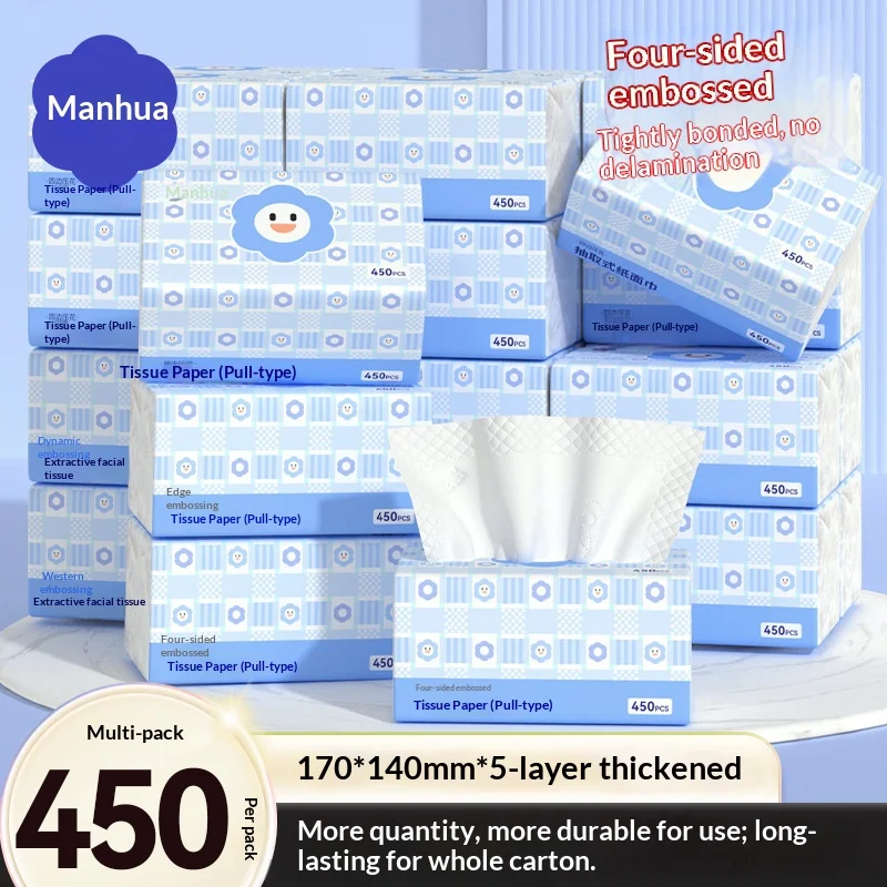 450 Sheets of Household Tissues, Large Pack of Napkins, Original Wood Thickened Facial Tissues, Hand Towels, Facial Tissues