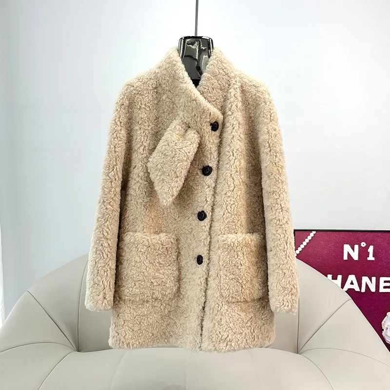 

2025 Autumn Winter New Women's Lamb Fur Coat Stand Collar Mid-Length Fashion Outerwear PT506