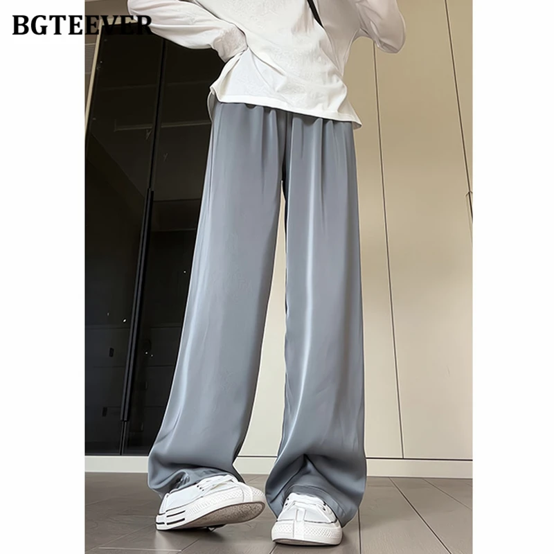 BGTEEVER Elegant Loose Elastic Waist Wide Leg Pants for Women Casual Female Satin Trousers