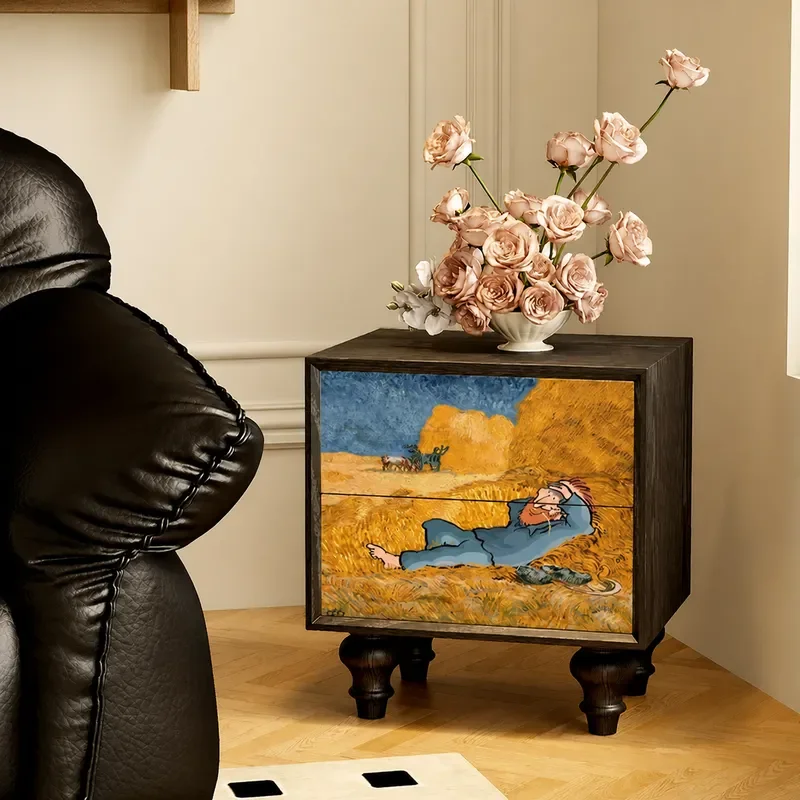 Modern Minimalist Bedside Table Van Gogh Wheat Field Design Storage Cabinet for Bedroom Living Room Dining Room Corner Decor