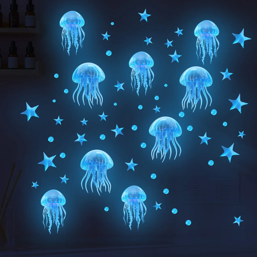 Luminous Cute Blue Jellyfish Star Sticker Glow In The Dark Room Decorations For Children's Room Fluorescent Decals Home Decor