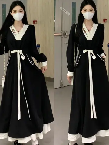 색상 충돌 드레스 한국 스타일 A라인 긴 소매 봄 가을 여성용 플리츠 대형 체형 드레스 원피스 긴 소매 드레스