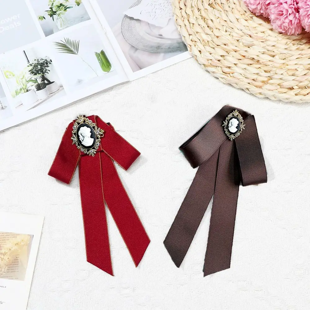 Vintage Bow Tie Cameo Ladies Head Diamond Ribbon Tassel Brooch Chic Girls Elegant Jewelry Collar Pin Girl Cravat Gift for Men