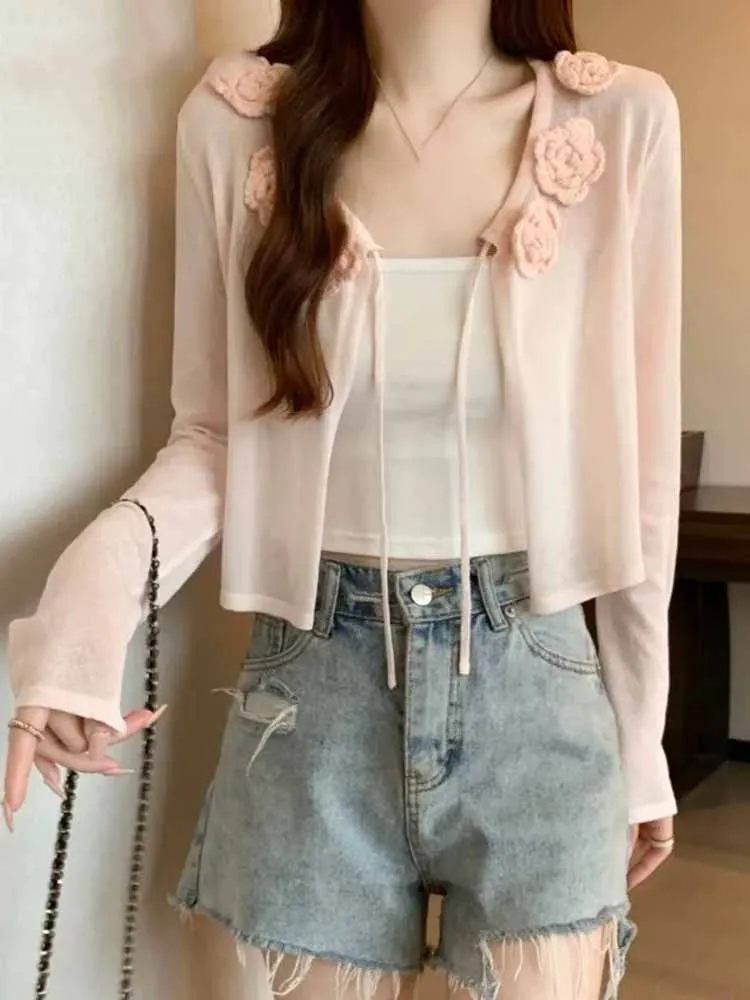 

Нежный кардиган с 3D-цветами и шнуровкой для женщин, лето 2026, однотонный, тонкий, полупрозрачный, с длинными рукавами, в корейском стиле Y2K, универсальный укороченный топ