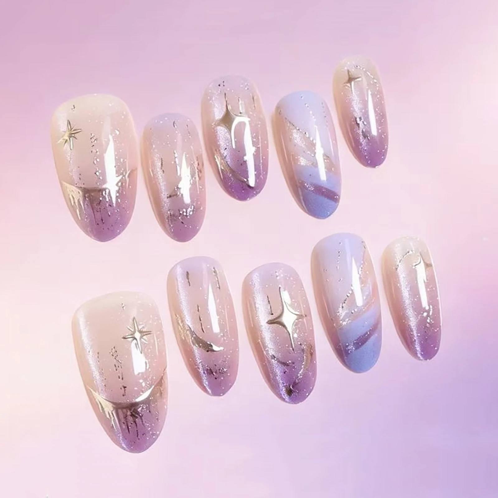 10 Pezzi Unghie Finte Effetto Occhio di Gatto Viola con Stelle Argentate, Unghie Finte Riutilizzabili a Mandorla Ovale, Unghie Francesi da Donna