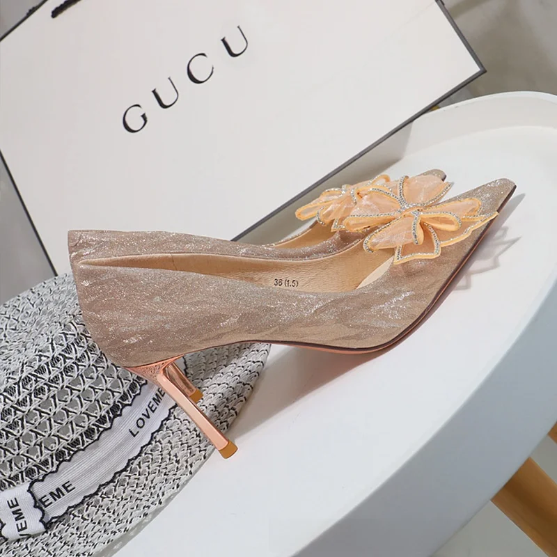 

Туфли на высоком каблуке с кристаллами и узлом, с острым носком, на тонком каблуке, для ужина, комфортные, свадебные, модные, сексуальные, элегантные, для женщин