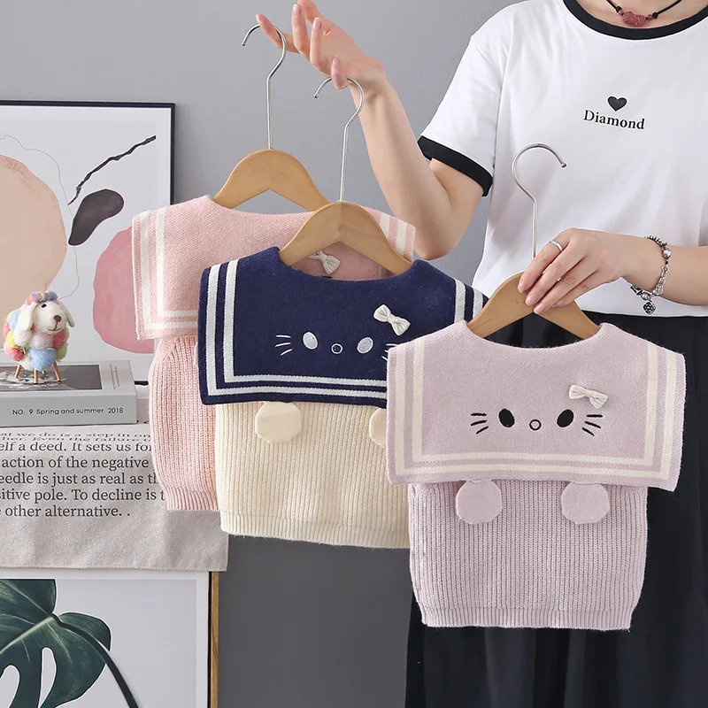 Cute Cartoon Pattern Knitted Vests for Kids Girl Waistcoat Peter Pan Collar Outwear Sleeveless Cardigan Tops with Bowtie JY03251