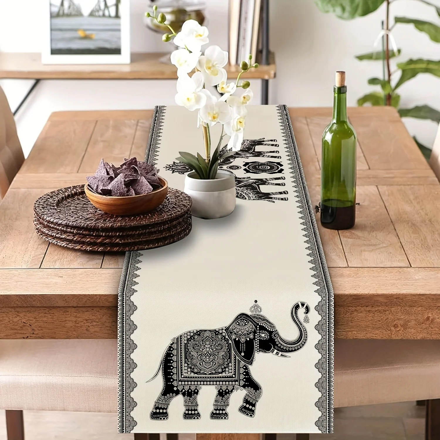 Camino de mesa con diseño de elefante tribal, lavable, reutilizable, varios tamaños, adecuado para mesas de comedor, cafeteras y estilo bohemio