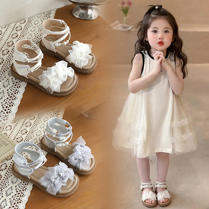 

Mumoresip Girls Lace Gladiator Sandals Summer Beading Breathable Flat Shoes for Kids Open Toe Children High-top Roman Sandals