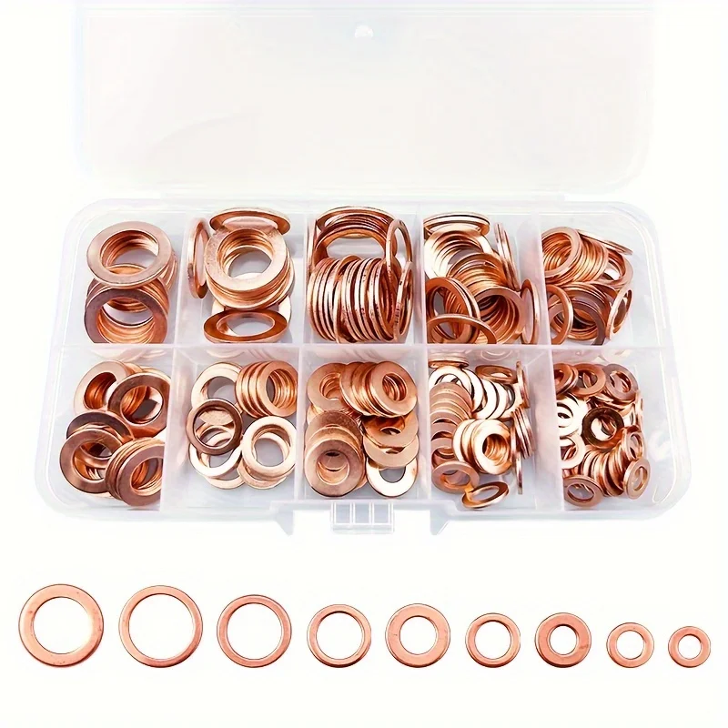 

Copper Flat Washer Assortment 100/200pcs M8-M14 Seal Gasket Kit for Sump Plugs and Oil Drains Automotive Plumbing Repair Parts