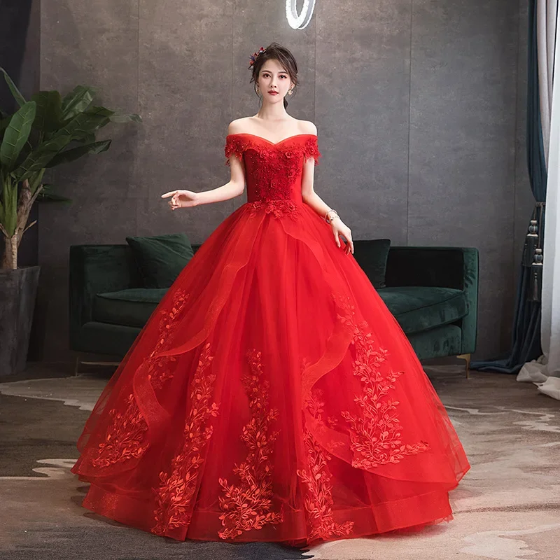 

One-word shoulder wedding dress 2024 new summer dress bride slim tutu skirt Internet celebrity red main wedding dress