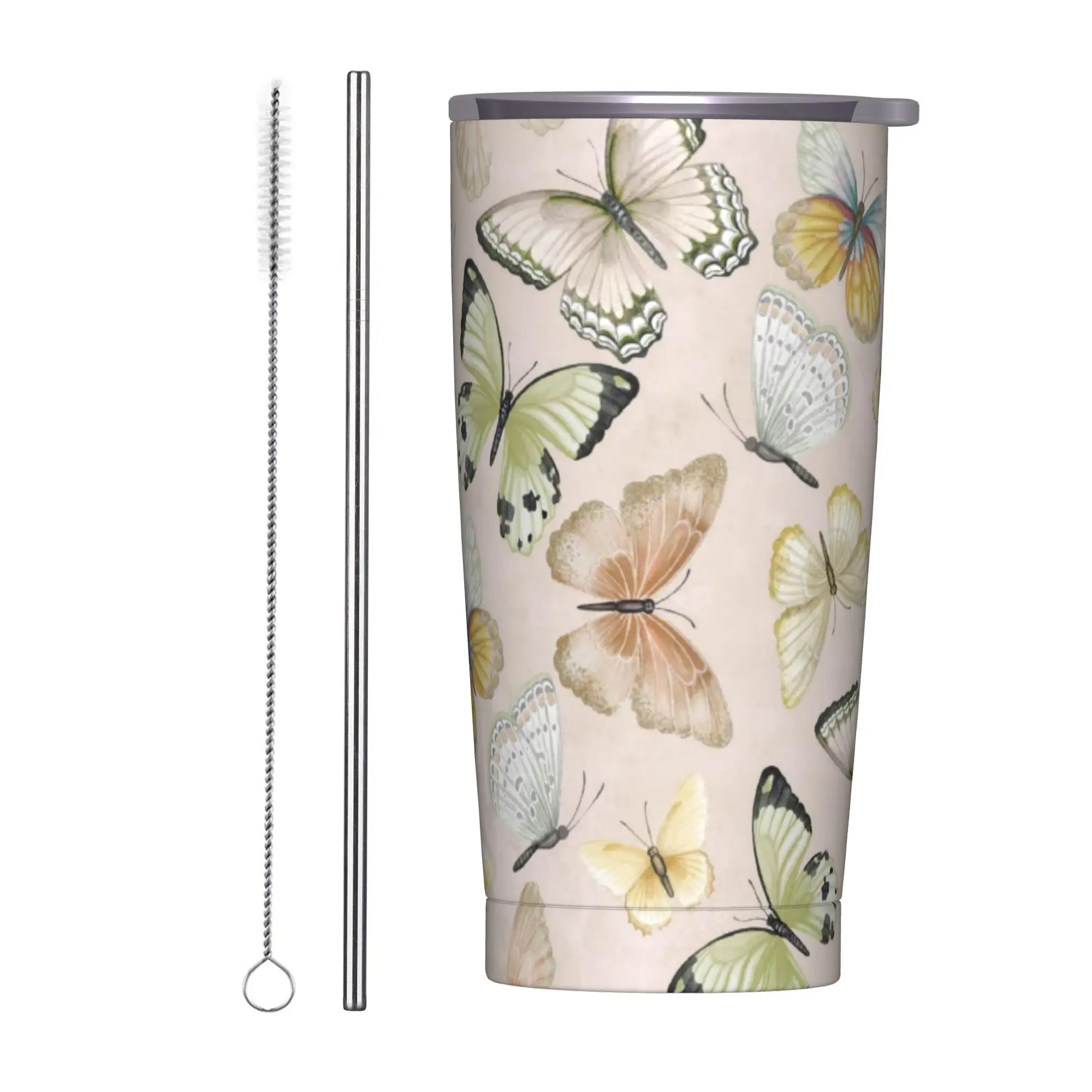 Rural flowers Stainless Steel Tumbler With Straws Butterfly Driving Coffee Mug Large Capacity Cold Drink Mugs Cup,